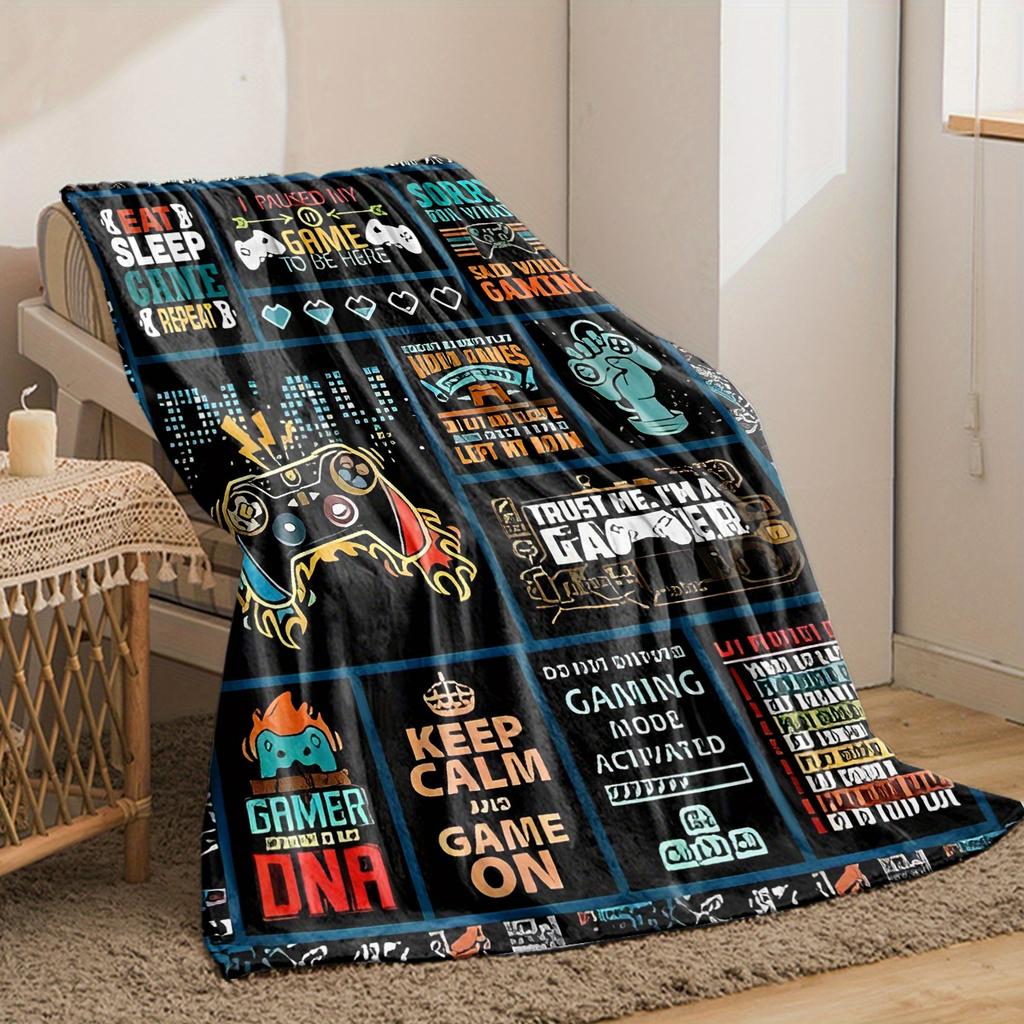 Retro Video Game Icons & Gamer Quote Print Art Blanket - Soft All-Season Multi-Purpose Throw for Sofa, Bed, Office & Gamers Gift