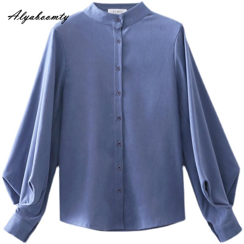 Korean Fashion Spring Autumn Women Blouse Stand Collar White Black Blue Khaki Loose Casual Shirt Lantern Sleeve Stylish Elegant Blouse