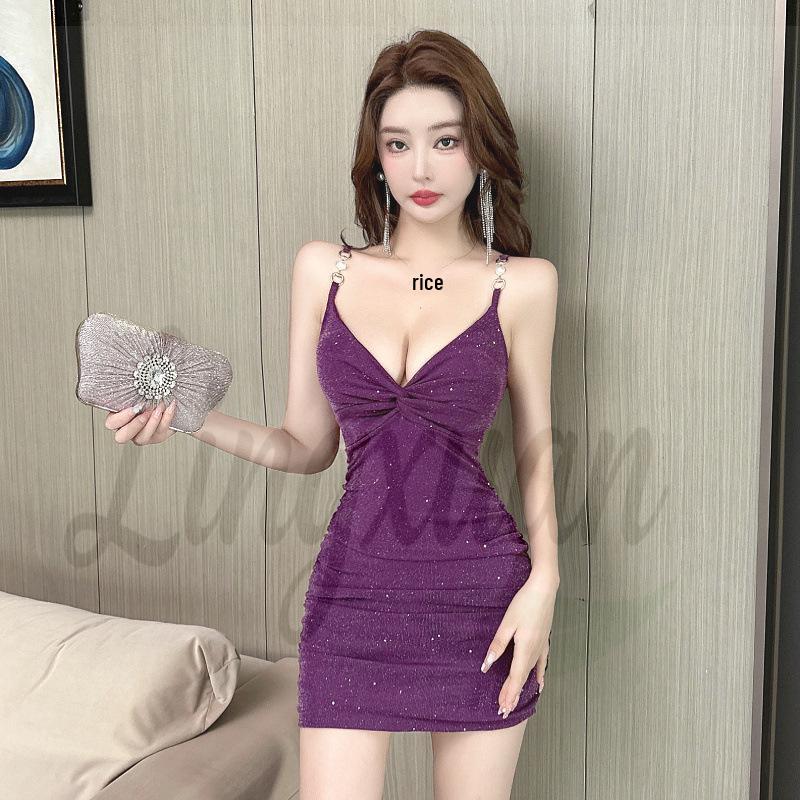Elegant Slim-Fit Cross-Strap V-Neck Camisole Dress Large фиолетовый