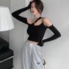 Women Asymmetrical Strapless Slim Sexy Navel Exposed Long Sleeve T Shirt Tops