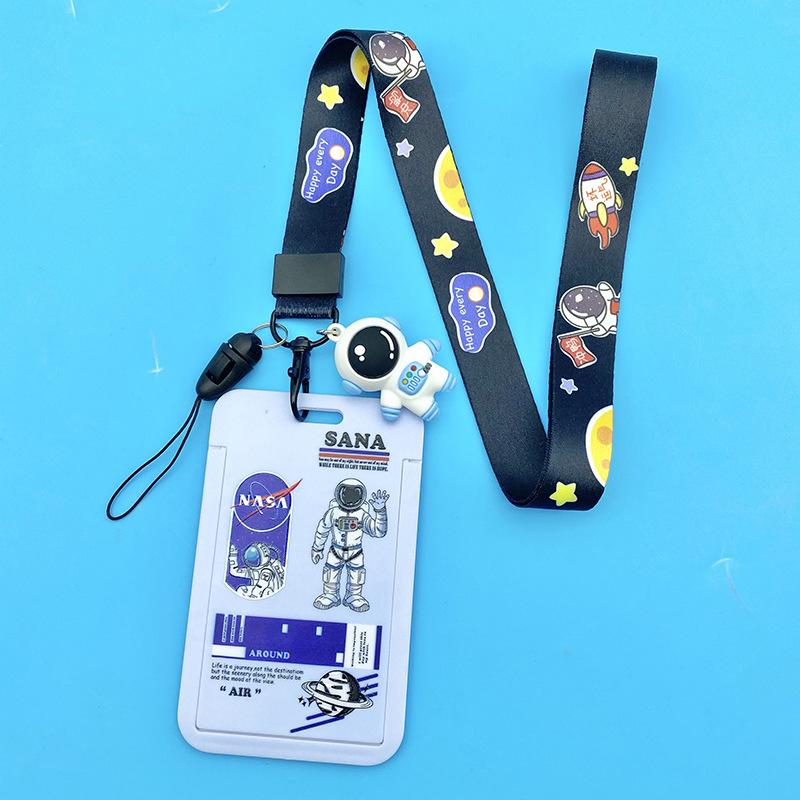 Women Men Work Card Cover White Astronaut Pattern Business Name Card Badge Holder Bus Access Guard Credit Card Case with Lanyard