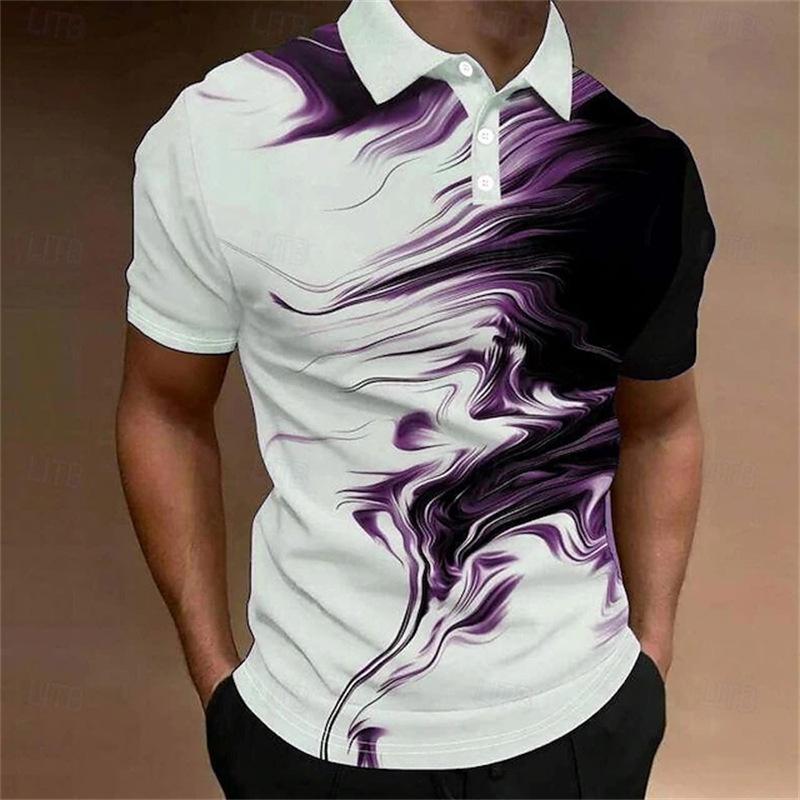 Summer Men's New Short Sleeved Lapel Button Striped 3D Printed Casual Top POLO Shirt