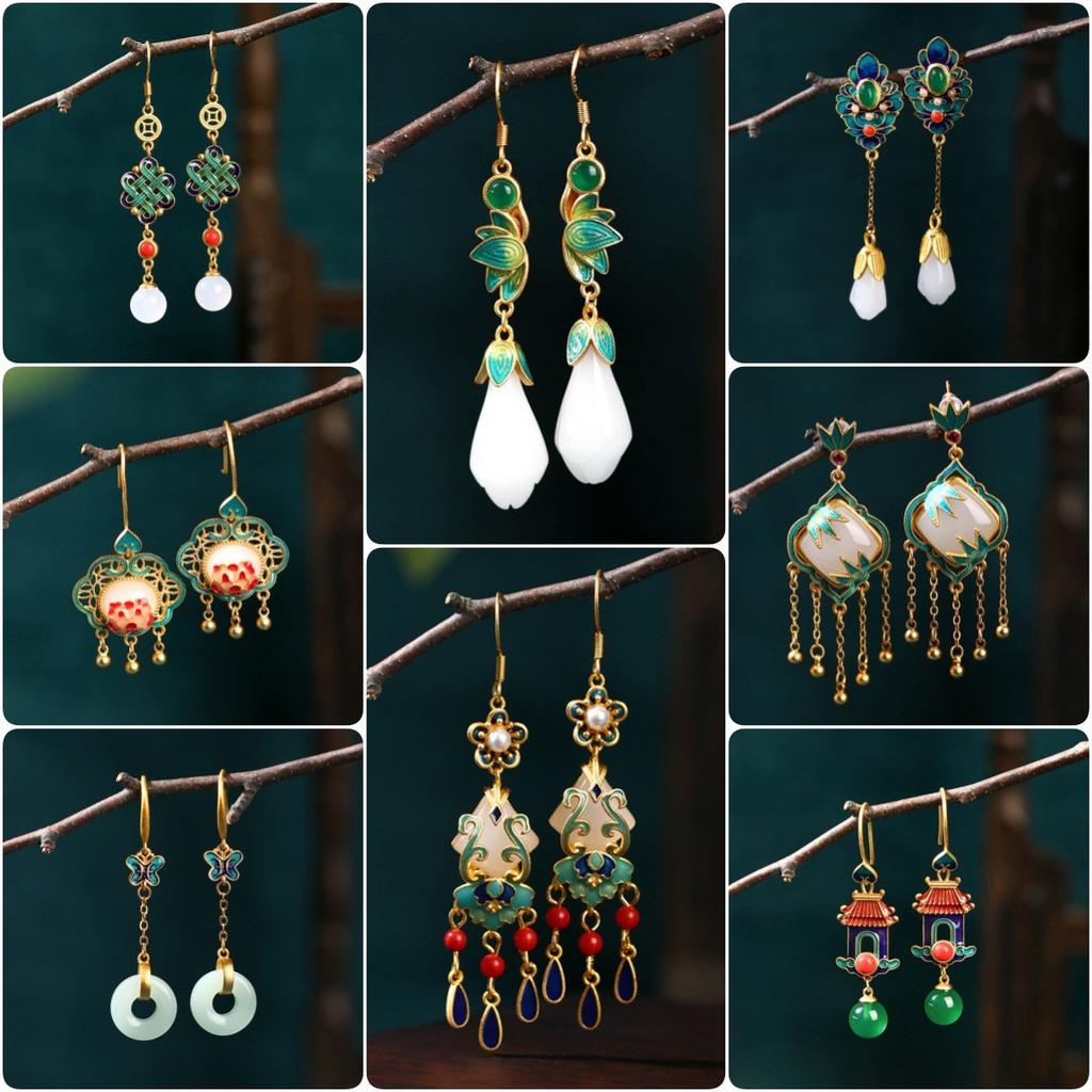 Gold Plated Imitation Jade Earrings For Women, Exquisite Long Style, Niche Design, Antique Style Jewelry Gift