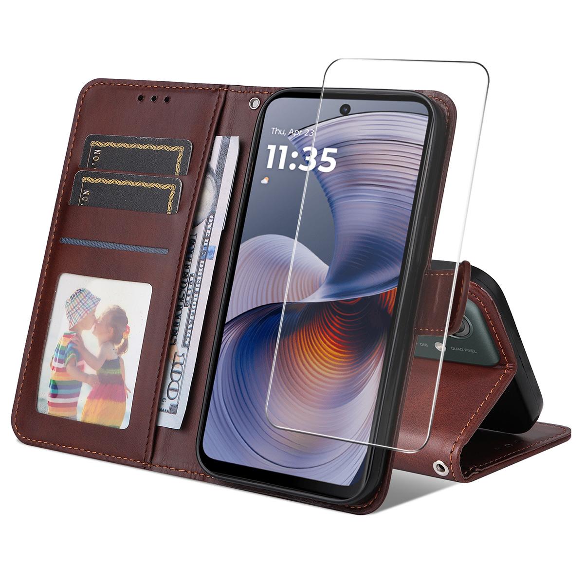 

For Motorola Moto G55 5G PU Leather Wallet Case ENKAY HAT PRINCE Phone Stand Cover with Tempered Glass Brown