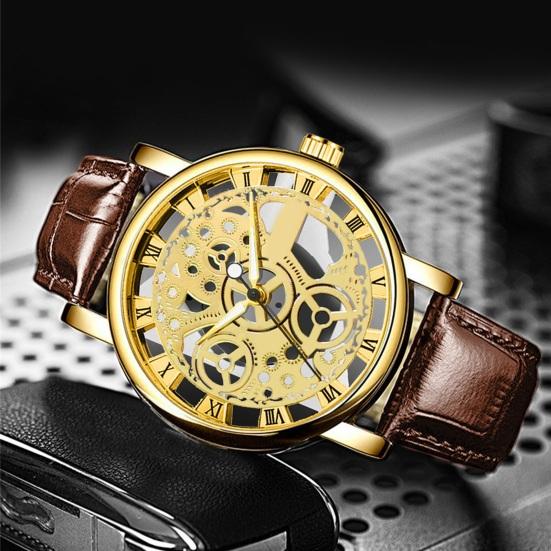Vintage Men Watch Hollow Round Dial Faux Leather Strap Casual Formal Watch Accurate Quartz Wristwatch Fashion Jewelry Gift