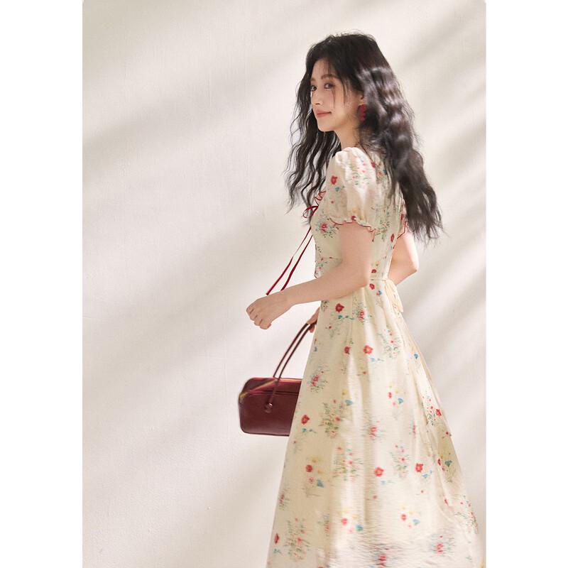 Women's French Retro Floral Chiffon Midi Dress