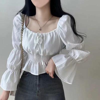Korean Chic Spring 2025 Solid Chiffon Blouse - Square Neck, Puff Sleeve, Waist-Cinching Long Sleeve Top