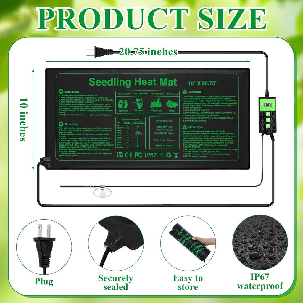 Honoson 3 Pack Seedling Heat Mat with Digital Thermostat Control, Waterproof Durable Plant Heating Pad for Seed Starting, Warm Hydroponic Heating Mat