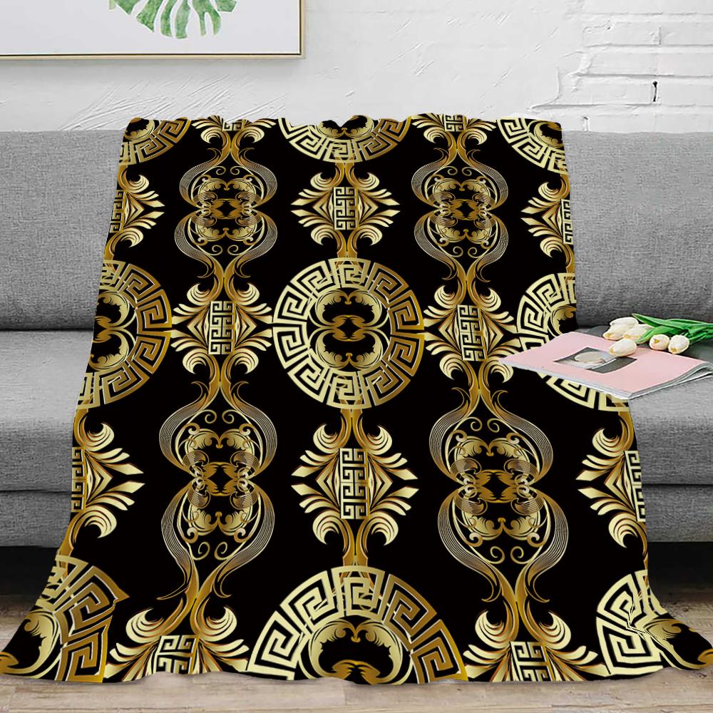 Couverture Plaid en Flanelle Luxe Noir Or Clé Grecque Méandre Baroque Douce Peluche Moelleuse Chaude Décoration Maison Couette Linge de Lit Cadeau