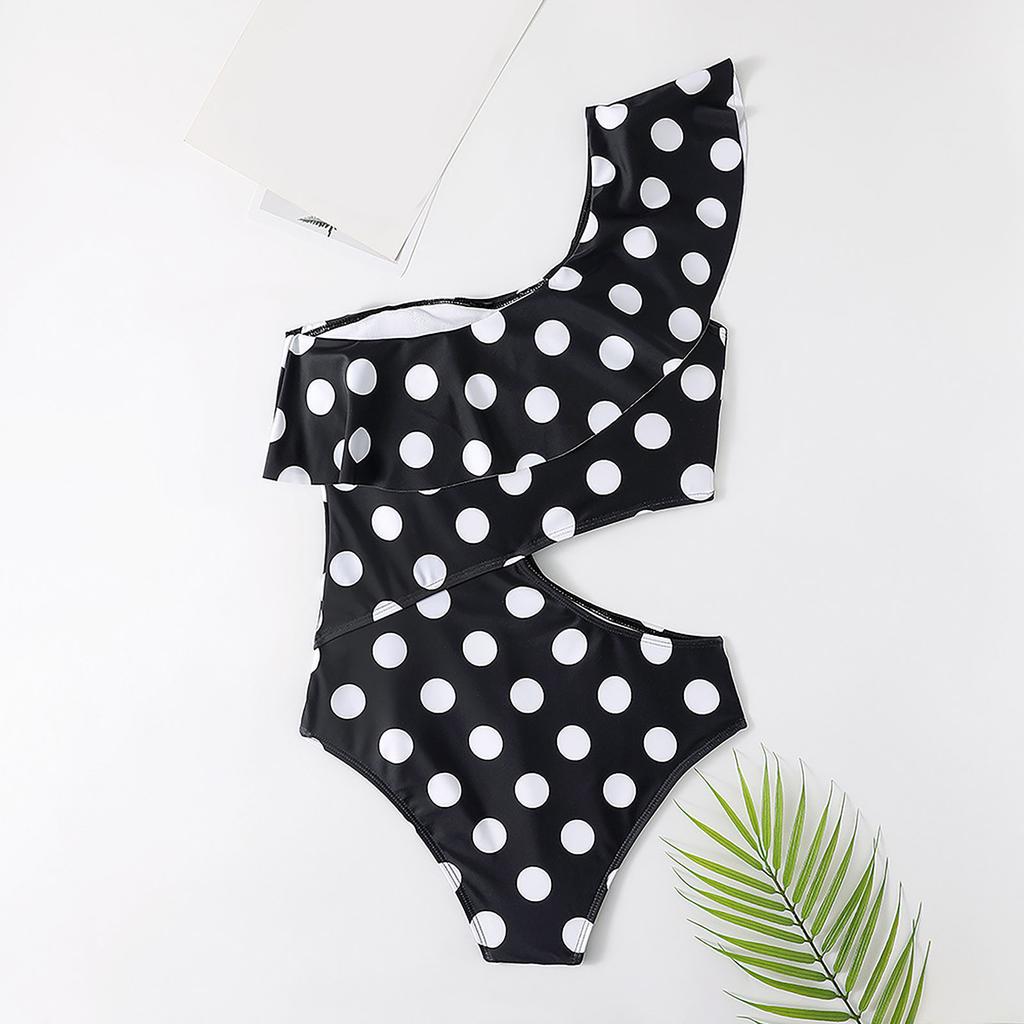 One Shoulder Polka Dot Ruffle Swimsuit Cutout One Piece Swimwear Beachwear Bathing Suit for Women