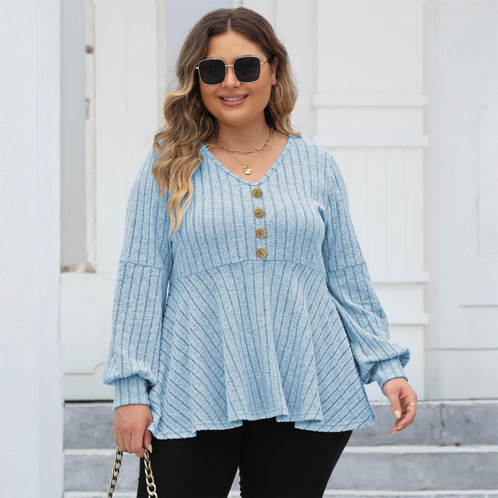 

Женские топы больших размеров Женский топ-бэбидол с V-образным вырезом, с рукавами из флиса с прорезями, футболка, декорированный топ XL небесно-голубой