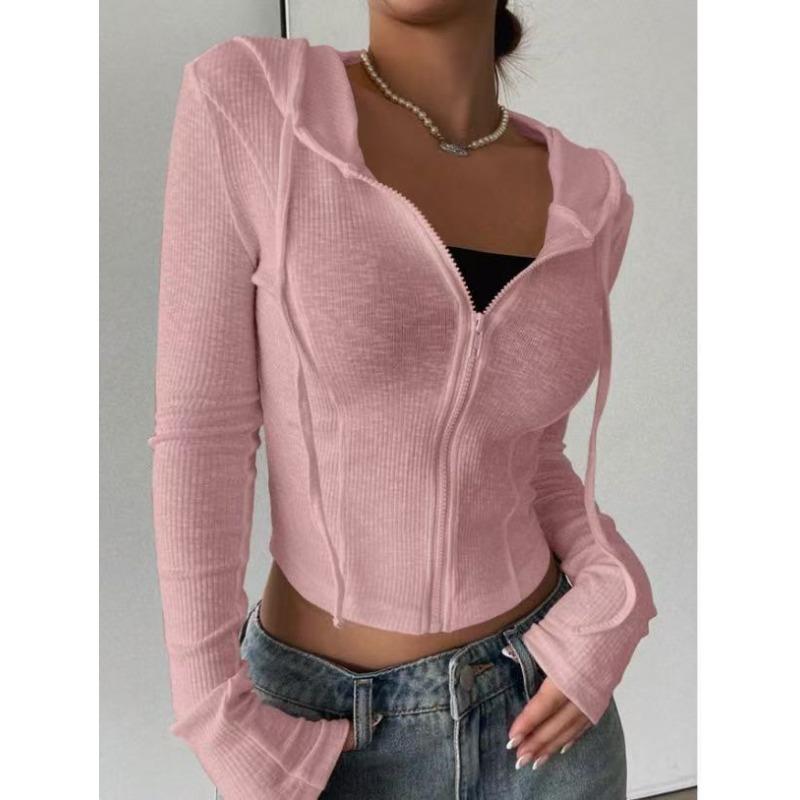 Women S Slim Fit Hooded Zip Up Knit Cardigan Long Sleeve Top