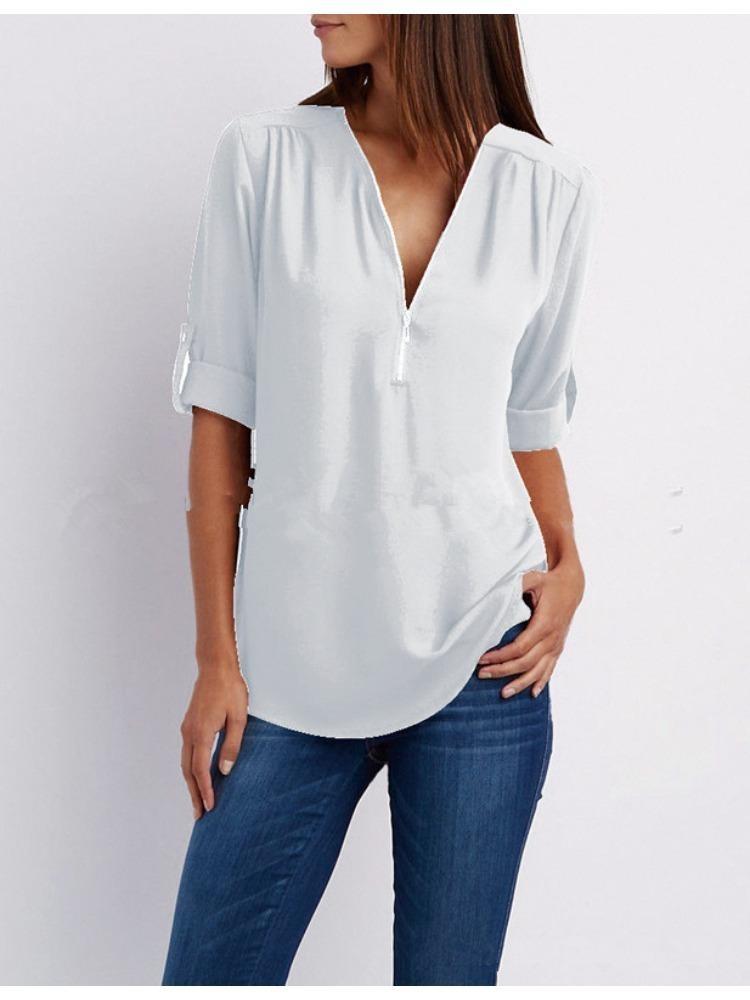 Women's Plus Size Loose Fit V-neck Chiffon Shirt with Long Sleeves and Adjustable Zipper