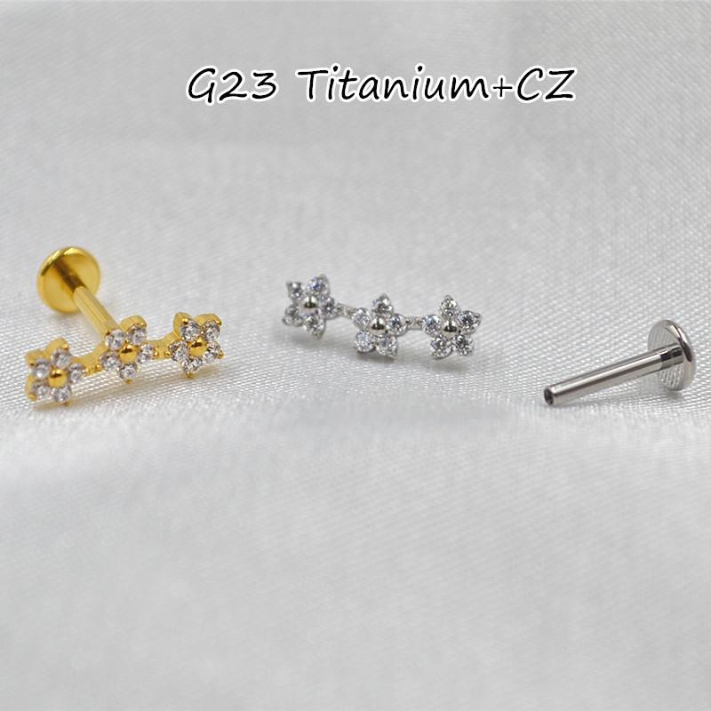 

G23 Titanium Zircon Flower Lip & Tragus Stud 1.2 x 10 mm