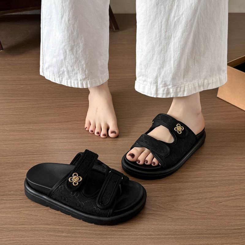 Large Size Thick-bottomed Cool Slippers Women's Summer Denim Outer Wear Velcro Printed Beach One-word Slippers