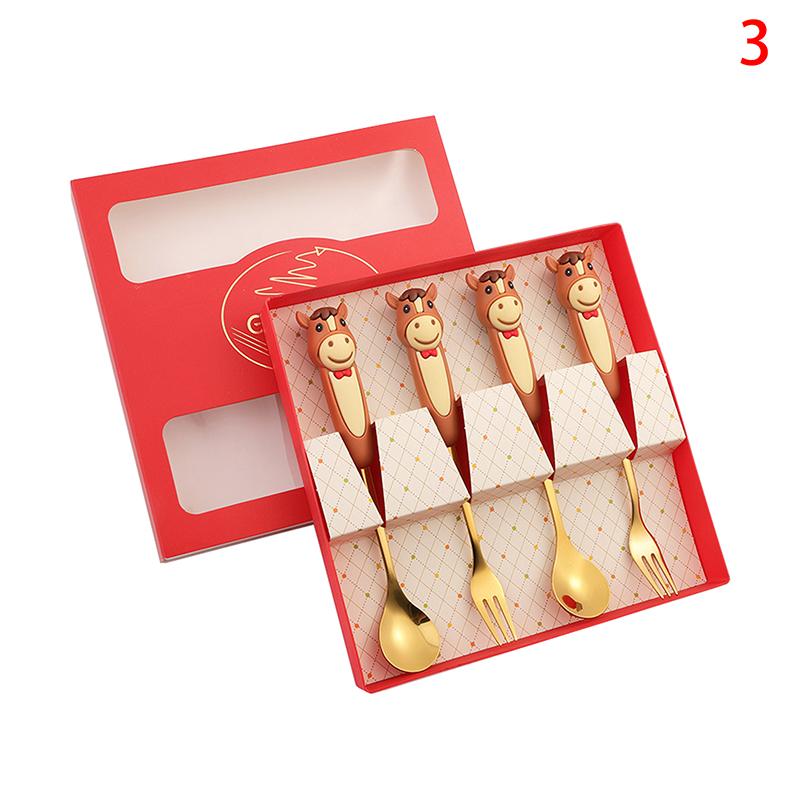 Year Of The Horse Chopsticks Spoons Set Gold Chinese  Year Stainless Steel Spoon Dessert Forks Decoration For Tableware