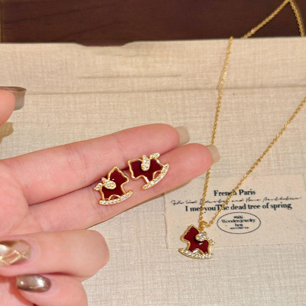 Rhinestone Zircon Horse Pendant Necklace Fashion Jewelry Red Drop Earrings For Girl