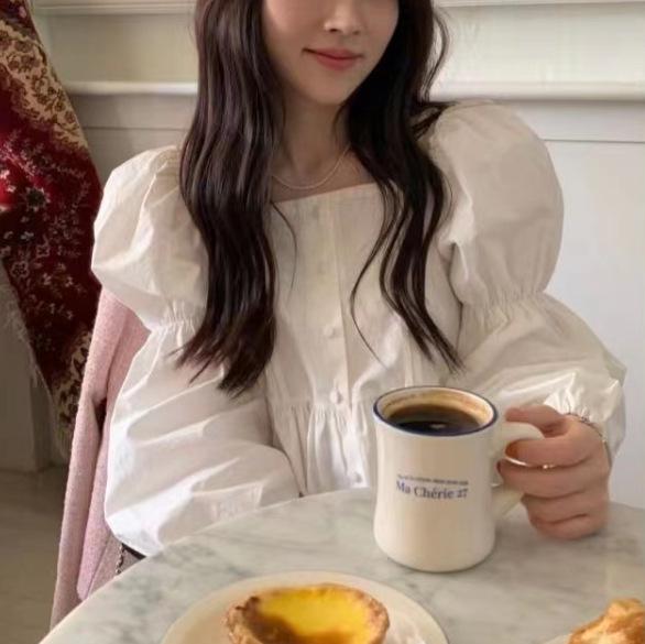 Dongdaemun Solid Color Lace Long Puff Sleeve Chiffon Blouse - Spring/Autumn 2025