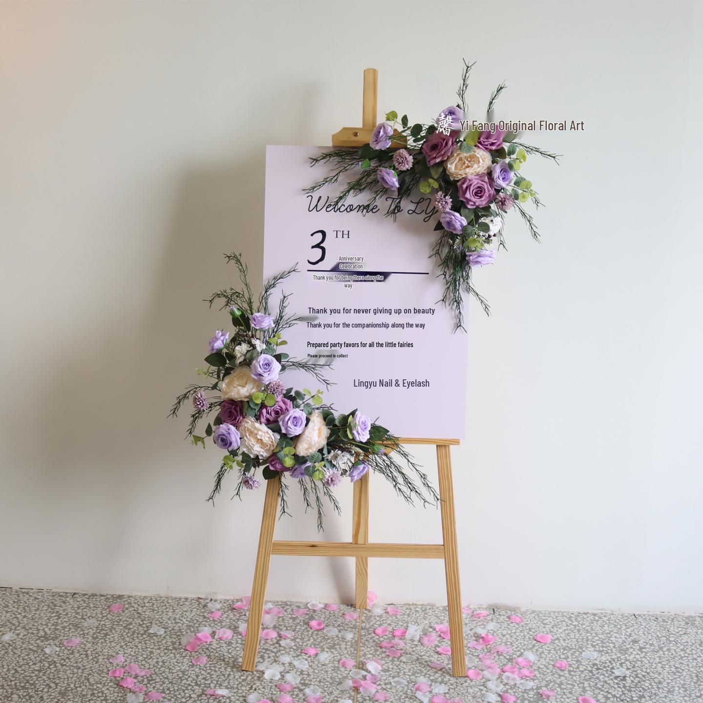 

Grand Opening Welcome Sign with Artificial Floral Display for Art Shop Anniversary Purple Small Floral Art