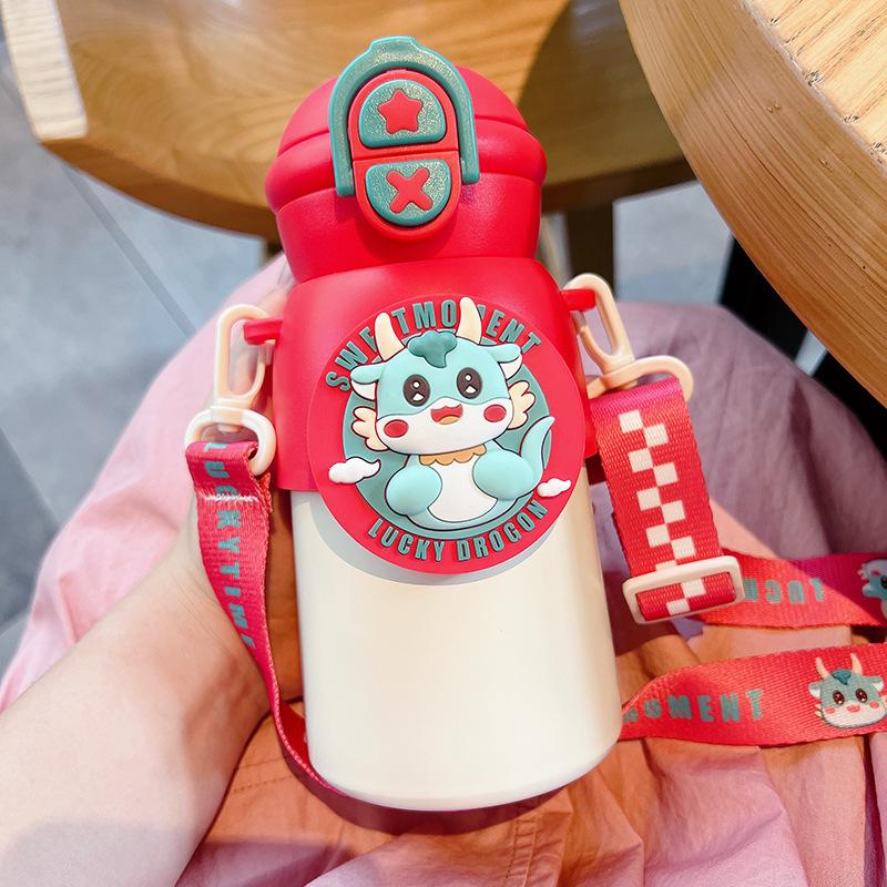 Thermos Cup Children's Double Drinking Cup Stainless Steel Light Luxury Straw Cup Student Portable Water Cup Bouncing Cup