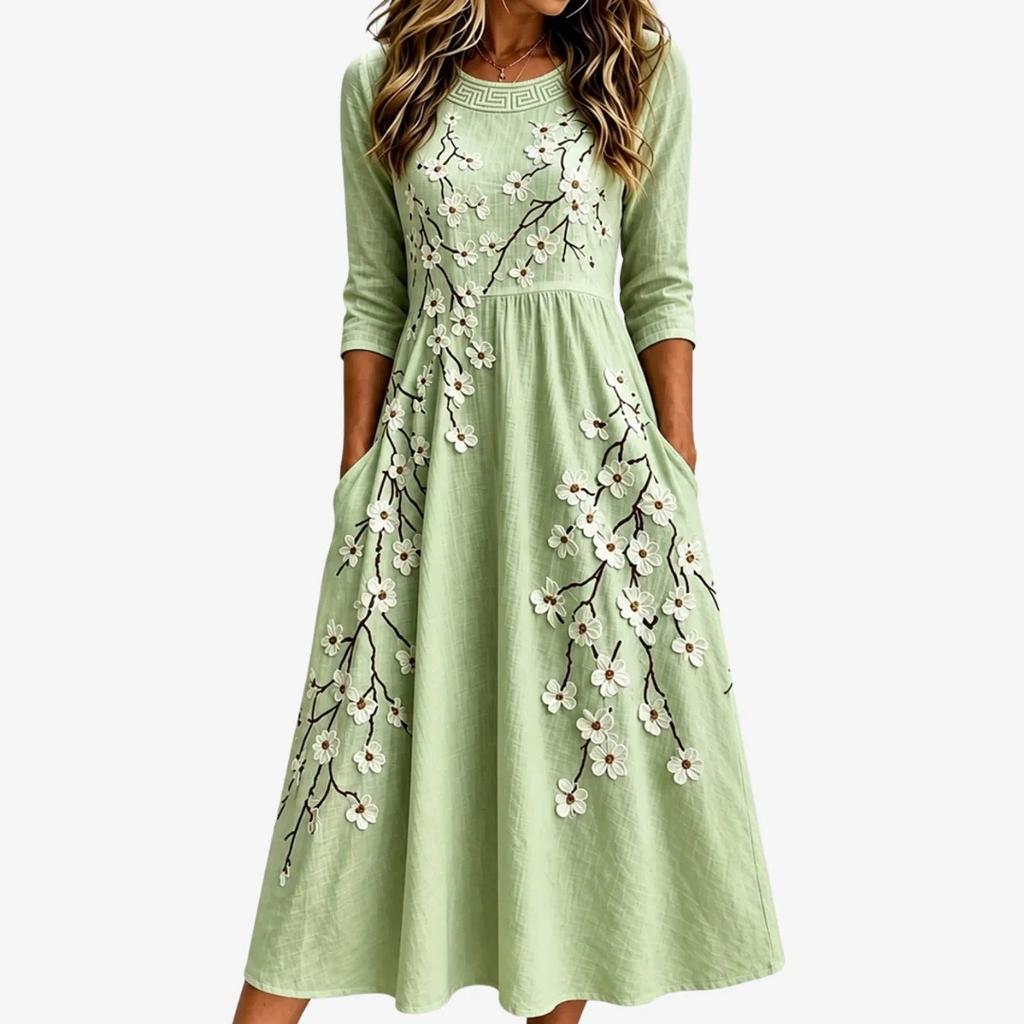 Spring and Summer 2026 New Round Neck 7-point Sleeve Casual Loose Long Printed Dress - Bamboo Hemp