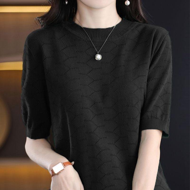 Summer Women's Knitted T-shirt Hollow Round Neck Solid Color Jacquard Korean Version Loose T-shirt Top