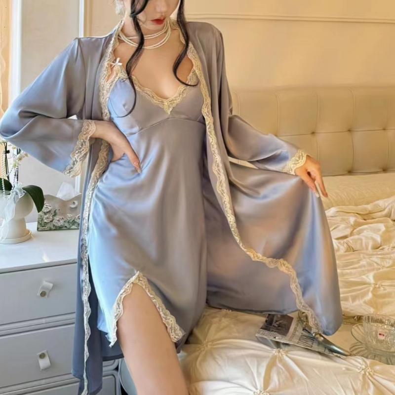 Feminino Kimono Roupão Vestido Preto Cetim Camisola&Robe Conjunto Camisola Sexy Renda Acabamento Pijamas Solto Casual Homewear Lounge Wear