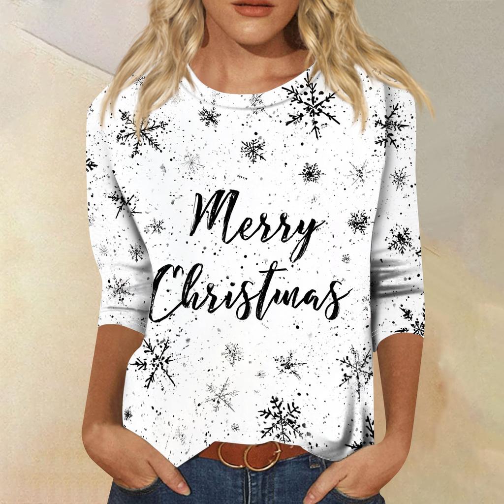 Women's Casual Christmas Print Three-Quarter Sleeve Round Neck Loose Fit Shirt