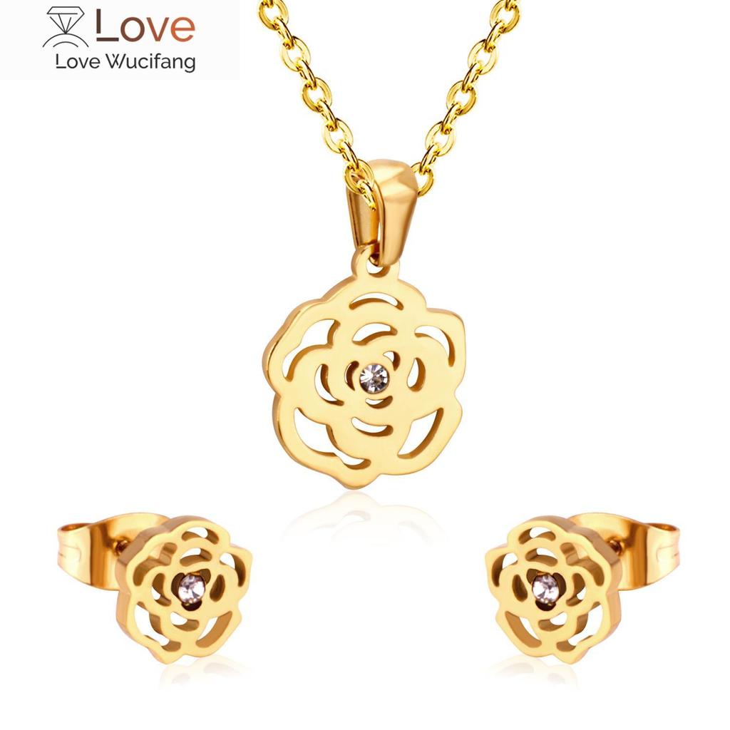 Flower Pendant Necklace Earring Dubai Bridal Wedding Jewelry Sets For Women Stainless Steel Boho Party Jewelry