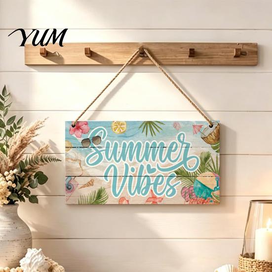 Coastal Home Decorations Summer Wooden Hanging Sign, Beach Theme Welcome Sign Front Door Decor with Wall Rope, Colorful Hanger for Seasonal Farmhouse