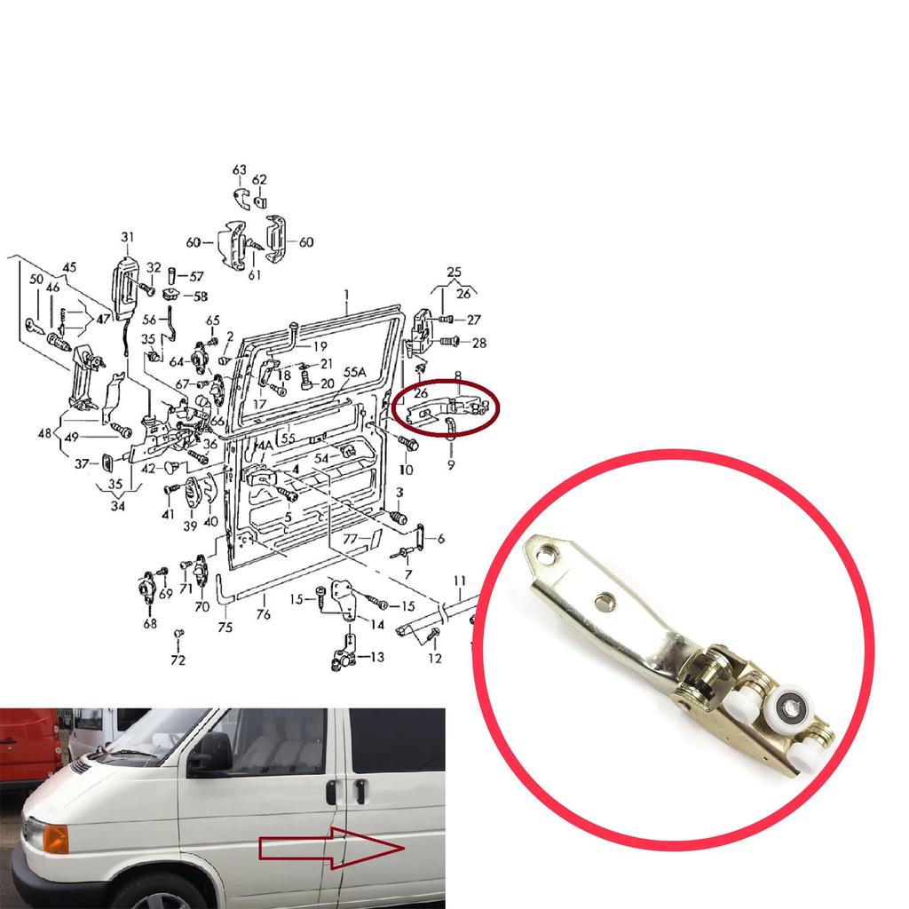 BDP27 Left Side Rear Sliding Door Middle Roller Guide Hinge 701843335A for VW Transporter T4 Caravelle 1990-2003 UK PASSENGER