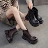 Botines de Tobillo de Cuero Genuino con Suela Gruesa Retro Punta Redonda Tacón Grueso Botines Cortos para Mujer