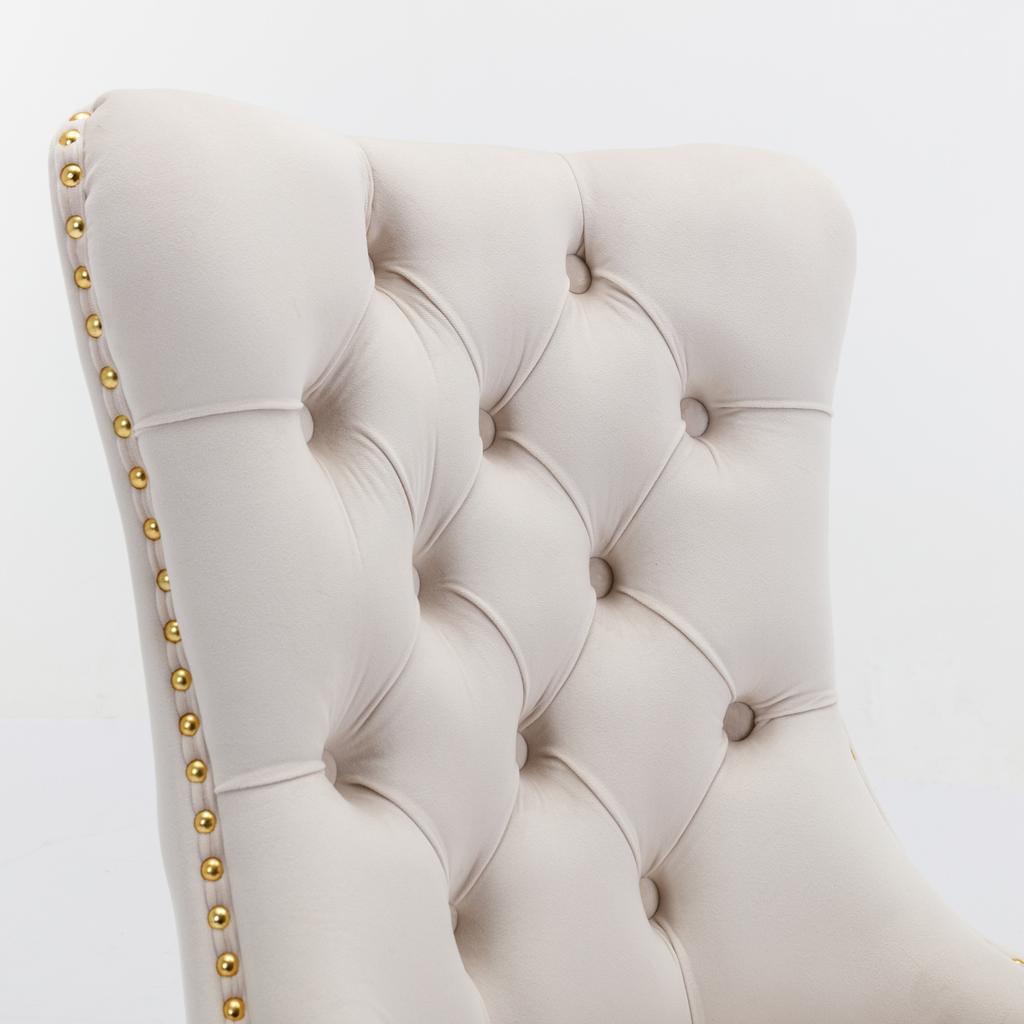 A&A Furniture, Nikki Kollektion Gepolsterter Massivholz Samt Esszimmerstuhl mit Vergoldeten Beinen, Nagelkopfverzierungen, 2er-Set, Beige und Gold, DE1601BG