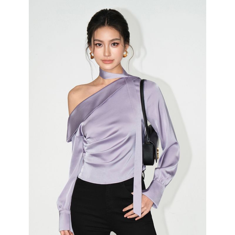 

Neva Hu Fancy Satin off-Shoulder Long Sleeves Shirt Women s off-Shoulder Stylish Elegant Ribbon Short Tops Gray purple second batch S