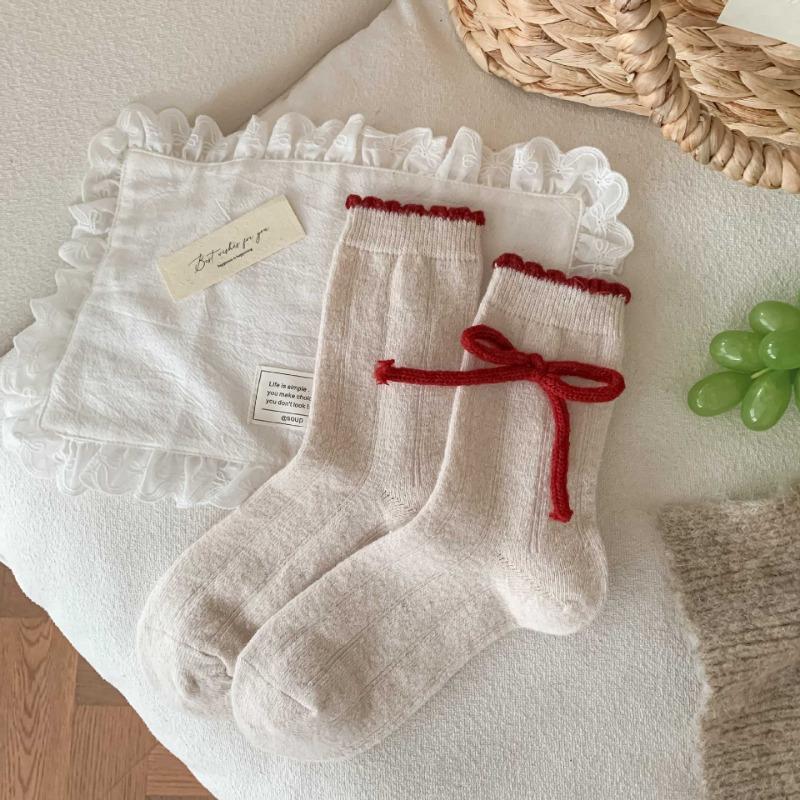 Female Autumn Winter Fashion New Year Christmas Bow Red Wool In Tube Socks