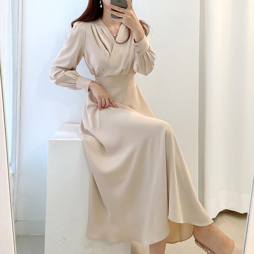 Harajuku V-neck Puff Sleeve A-line Maxi Dresses for Woman Women Solid Color Midi Robe Korean Office Dresses Elegant Spring 2026