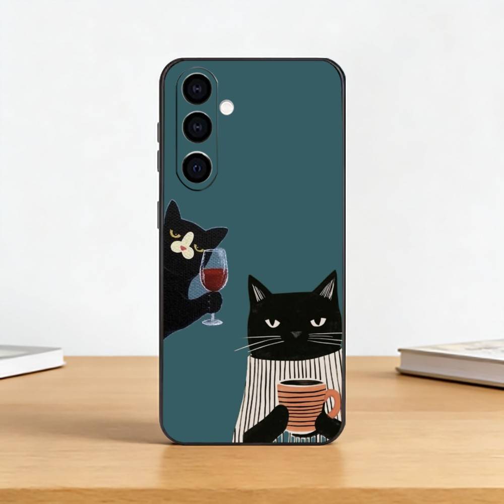 

The Lazy Cat with Coffee Phone Case Black Silicone Soft For Samsung Galaxy A73,A72,A71,A70,A53,A52,A51 Samsung a53 5g
