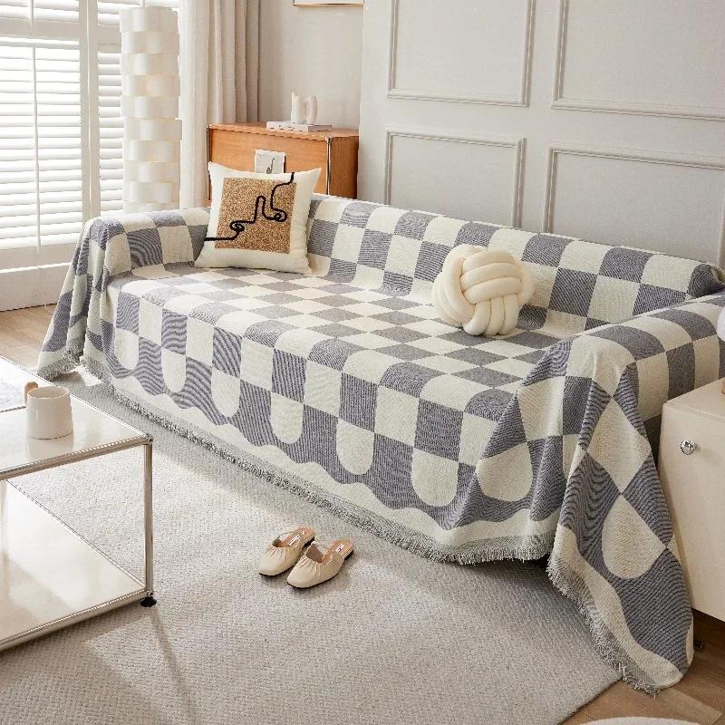 Schwarz-weißer Gitter-Sofabezug, Sofadecke, Vollbezug, universelles Couchtuch, mit Quasten, Wohndekor, Wohnzimmerdekor 180x90cm 1pcs
