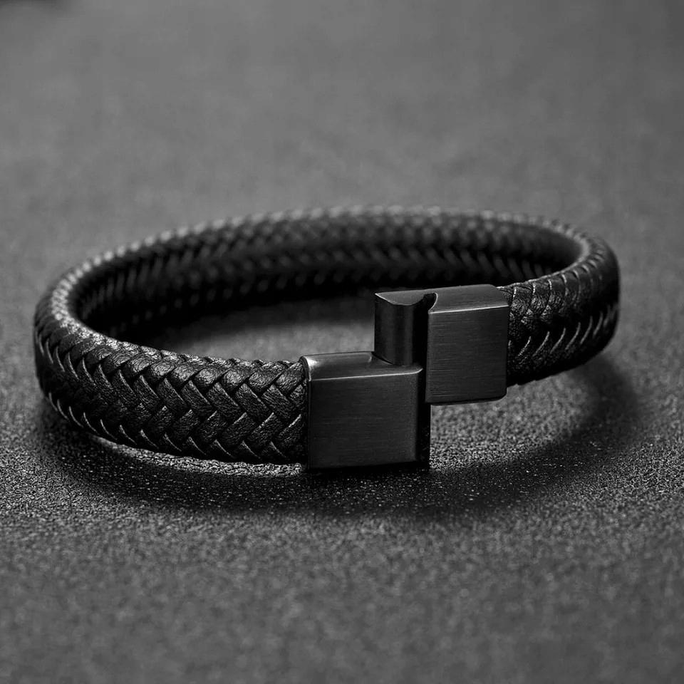 Men' Braided Leather Bracelet TITANIUM Gift Wrist Bracelet