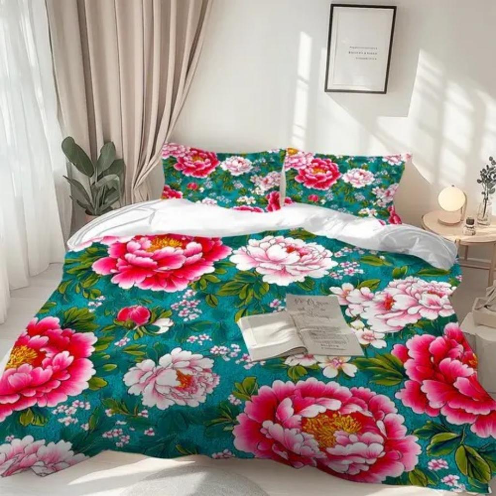 High-End Premium Pink Peony Patern Soft Duvet Cover Quen Sized Dimensions Colorful Floral Set Pink Background Botanical Flowers Peony Beding Set 3 Pcs