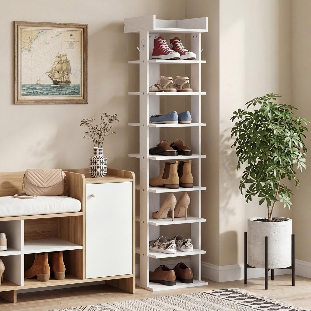 Shoe Rack 9-Tier Shoe Storage Organiser Top Tray Guardrail 2 Hooks 30 X 30 X 128.4 Cm White