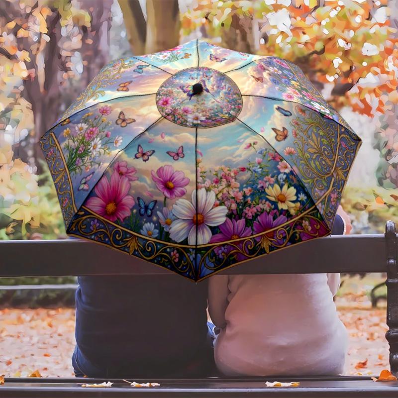 Butterfly Flower Circle (1) Printed Umbrella Windproof Folding Umbrella Portable Sun and Rain Umbrella Suitable for Gifting
