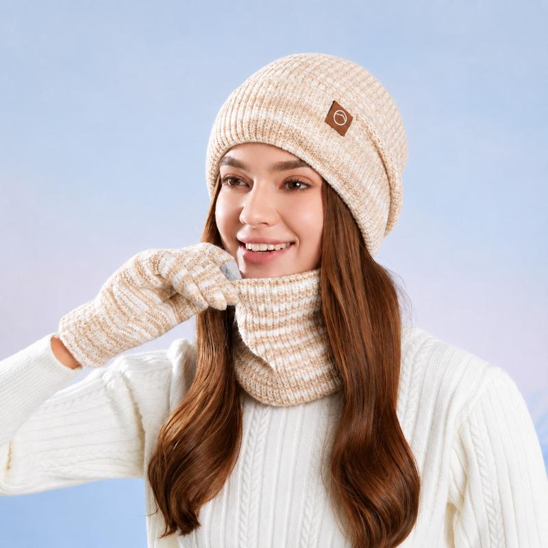 Winter Knitted Hat Scarf Gloves Set Thermal Soft Warm Three Piece Beanie Neck Warmer Touchscreen Gloves Outdoor Daily Wear Women Winter Accessory