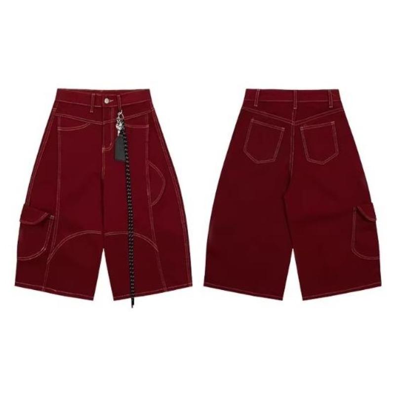 Sommer Rote Gewaschene Lockere Taschen Jeans Cropped Hosen Damen High Street Y2K Vintage Baggy Jeans Übergröße Jorts Shorts