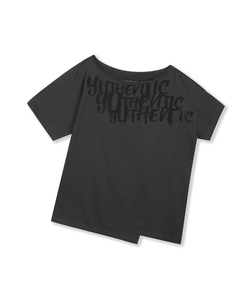 Yusentig Asymmetrical Print Off-Shoulder T-Shirt Dark Gray Aw6Me40413