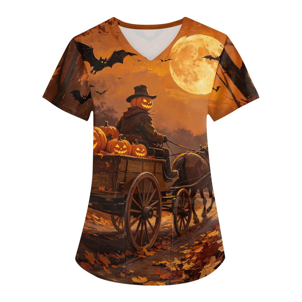 Damski top medyczny na Halloween z nadrukiem, dekoltem V, krótkim rękawem i kieszeniami