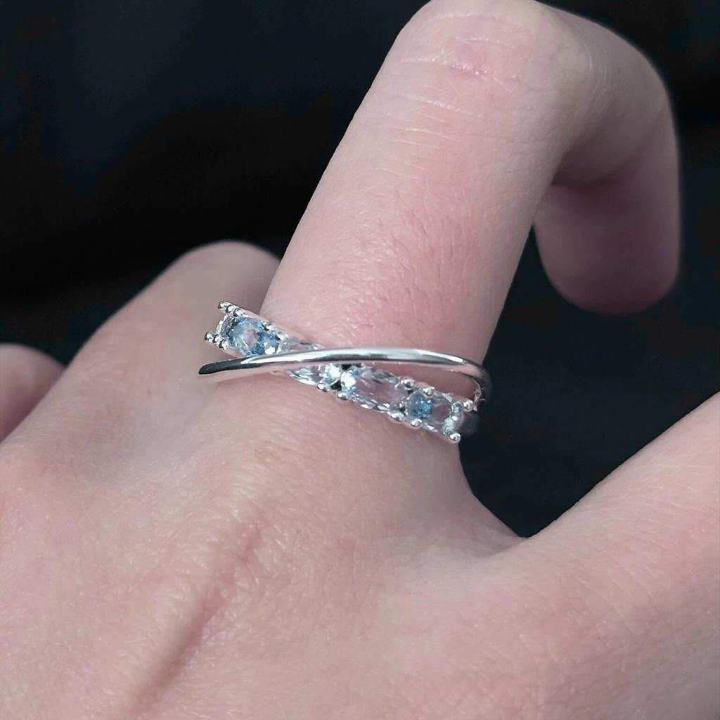 PANJBJ 925 Silver Blue Crystal Ring For Women Crossing Sweet Romantic Line Jewelry Wedding Gift Dropshipping