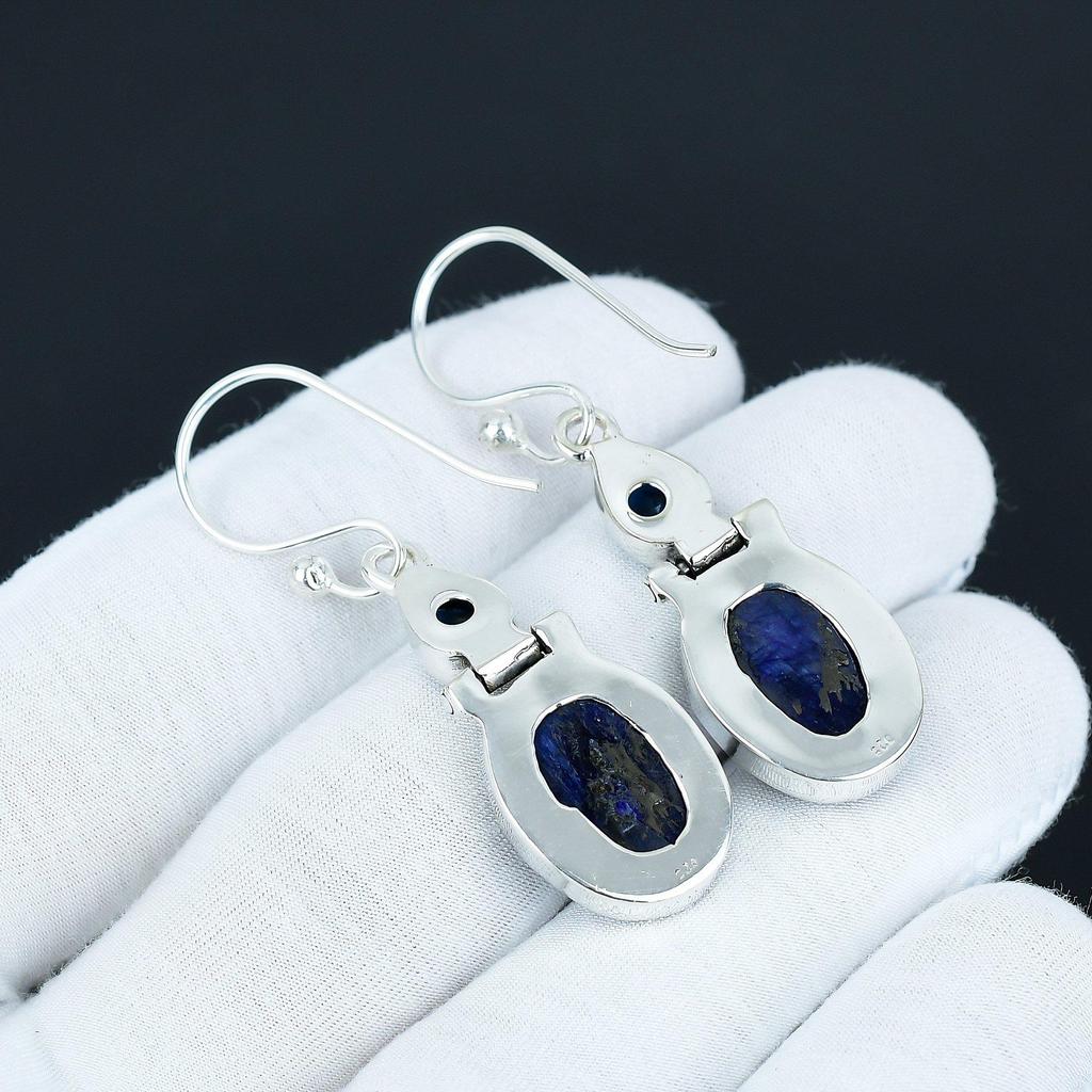Elegant Blue Sapphire Gemstone Earrings, 925 Sterling Silver Earrings, Unique Design Jewelry, Dangle Drop Earrings For Birthday Gifts