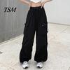 Trousers Women Cargo Pants Hip Hop Baggy Solid Color Multi Pockets Elastic Waist Match Top Loose Breathable Lady Clothes