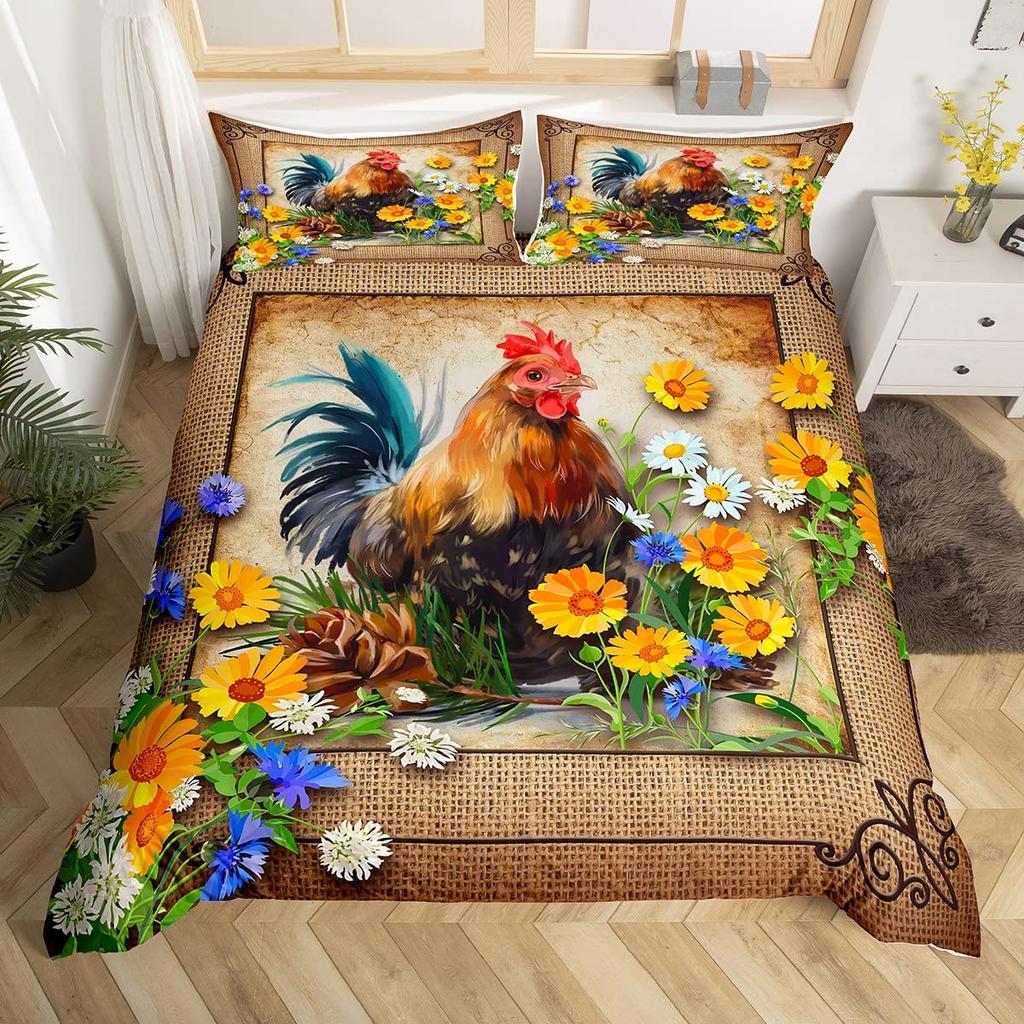 Hahn Druck Bettwäsche Bettbezug Set Niedliches Küken Bettdeckenbezug Set für Raumdeko Full King Size mit 2 Kissenbezügen 3-teilig